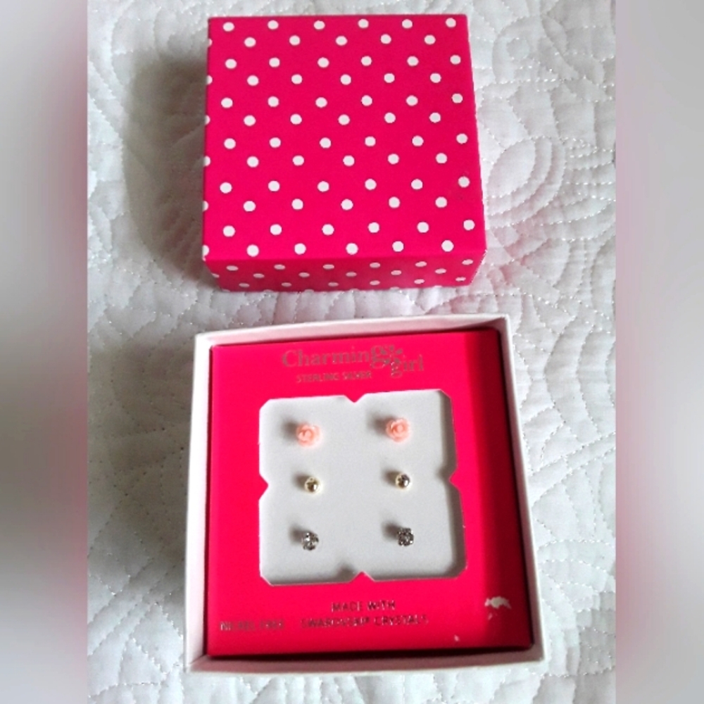 CHARMING GIRL STERLING SILVER STUD EARRINGS SET